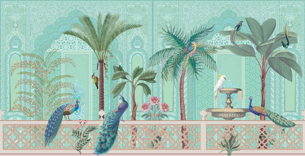 Mint Palace Garden Wallpaper : Peacocks and Palms Mural - flat design