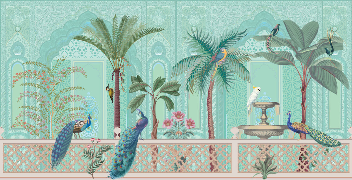 Mint Palace Garden Wallpaper : Peacocks and Palms Mural - flat design