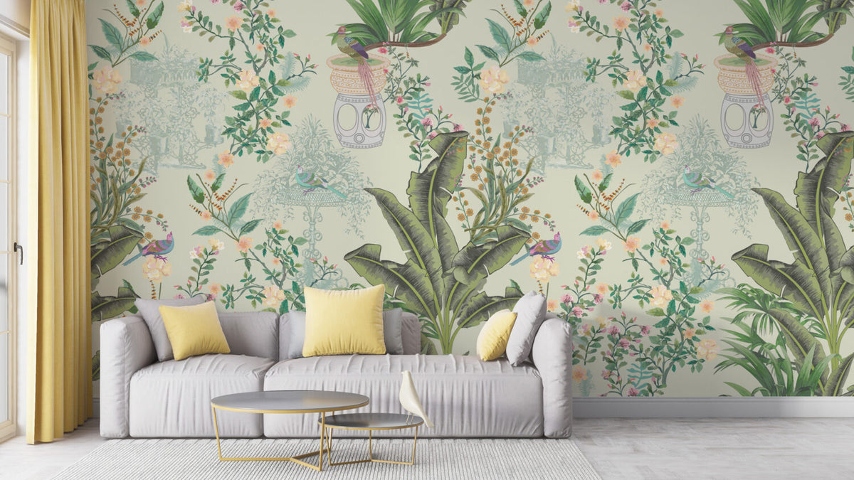 Chinoiserie Banana Leaf Wallpaper : Sage Botanical and Bird Pattern Mural - View 2