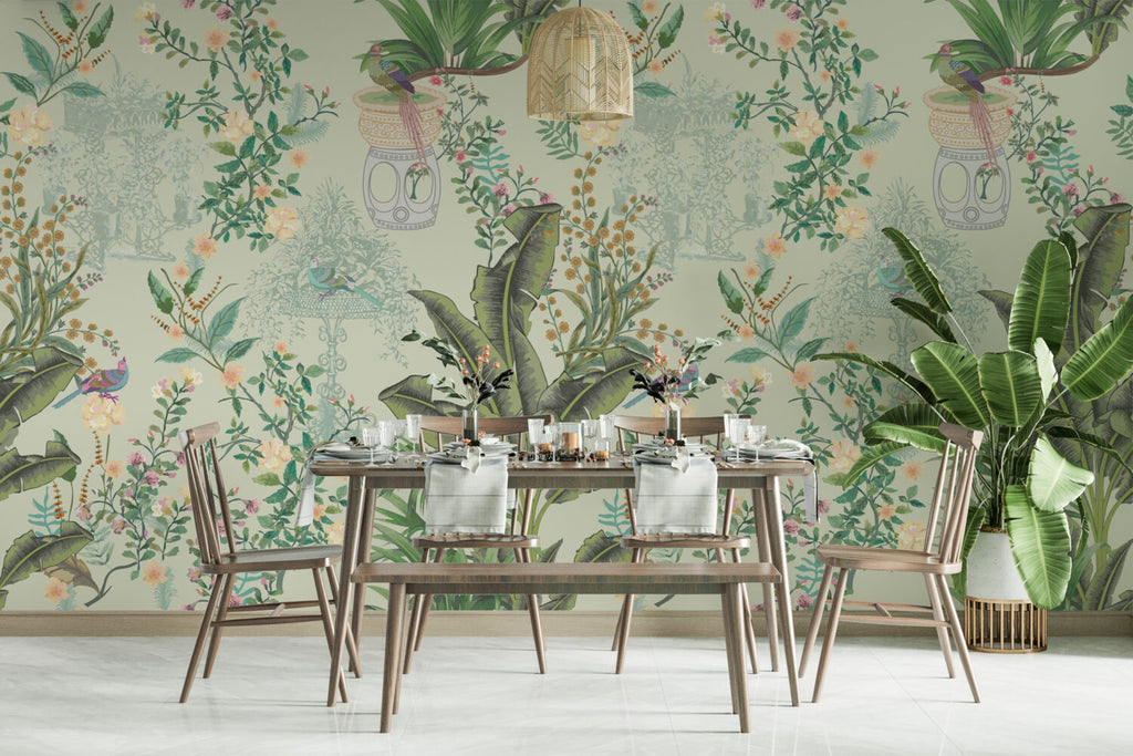 Chinoiserie Banana Leaf Wallpaper : Sage Botanical and Bird Pattern Mural - View 3