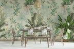 Chinoiserie Banana Leaf Wallpaper : Sage Botanical and Bird Pattern Mural - View 3