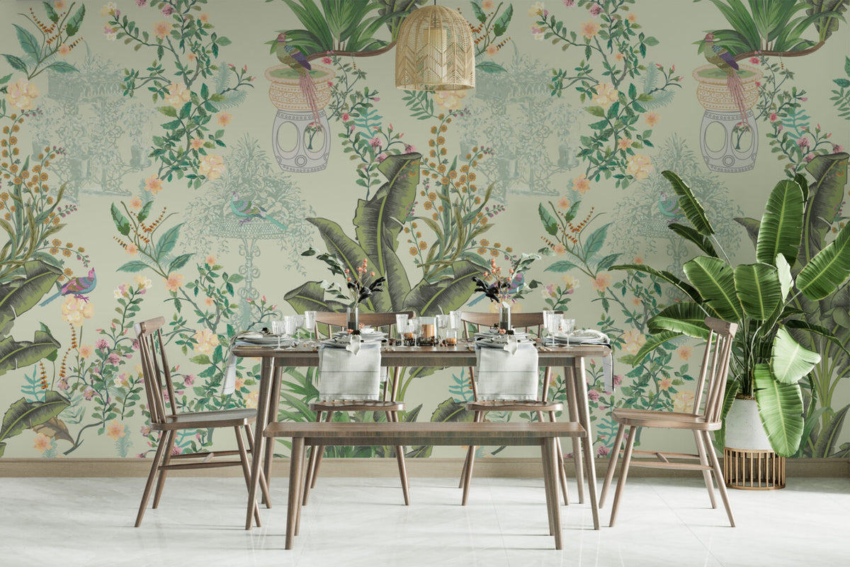 Chinoiserie Banana Leaf Wallpaper : Sage Botanical and Bird Pattern Mural - View 3