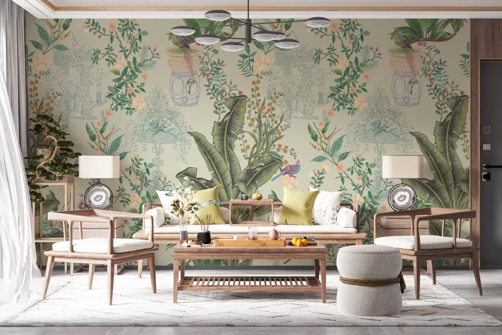 Chinoiserie Banana Leaf Wallpaper : Sage Botanical and Bird Pattern Mural