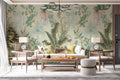 Chinoiserie Banana Leaf Wallpaper : Sage Botanical and Bird Pattern Mural