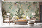 Chinoiserie Banana Leaf Wallpaper : Sage Botanical and Bird Pattern Mural