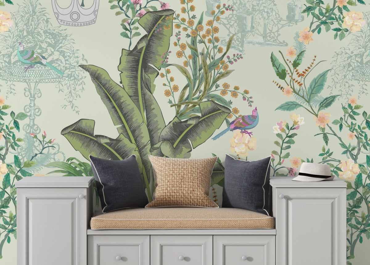Chinoiserie Banana Leaf Wallpaper : Sage Botanical and Bird Pattern Mural - View 4
