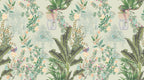 Chinoiserie Banana Leaf Wallpaper : Sage Botanical and Bird Pattern Mural - flat design