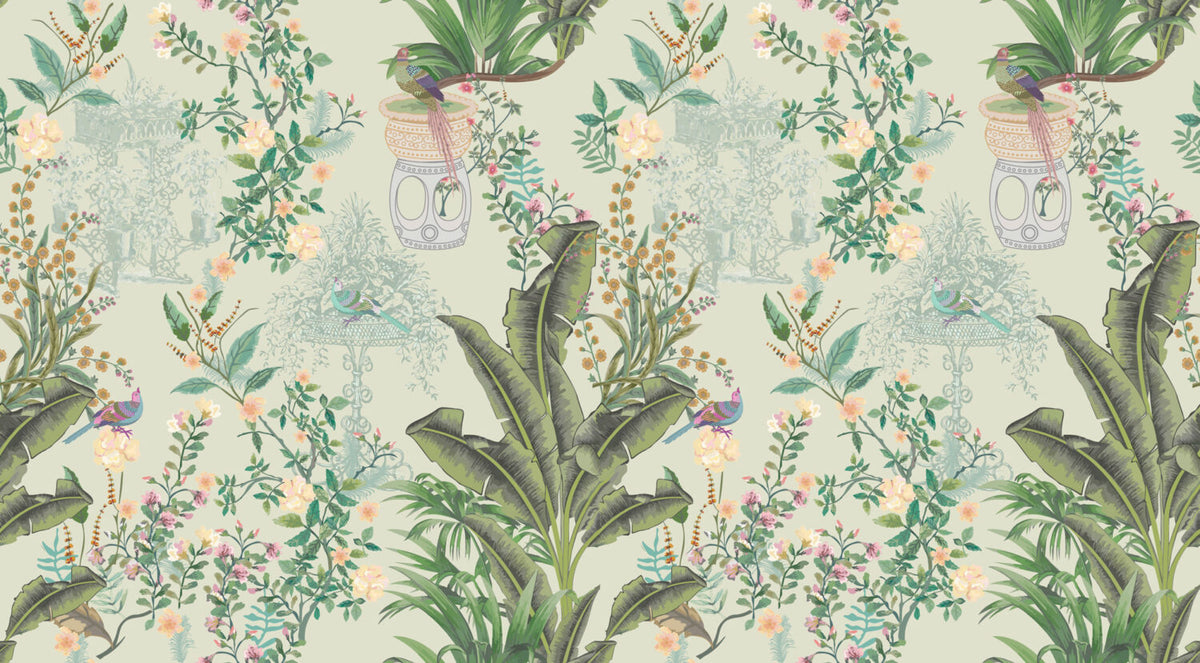 Chinoiserie Banana Leaf Wallpaper : Sage Botanical and Bird Pattern Mural - flat design