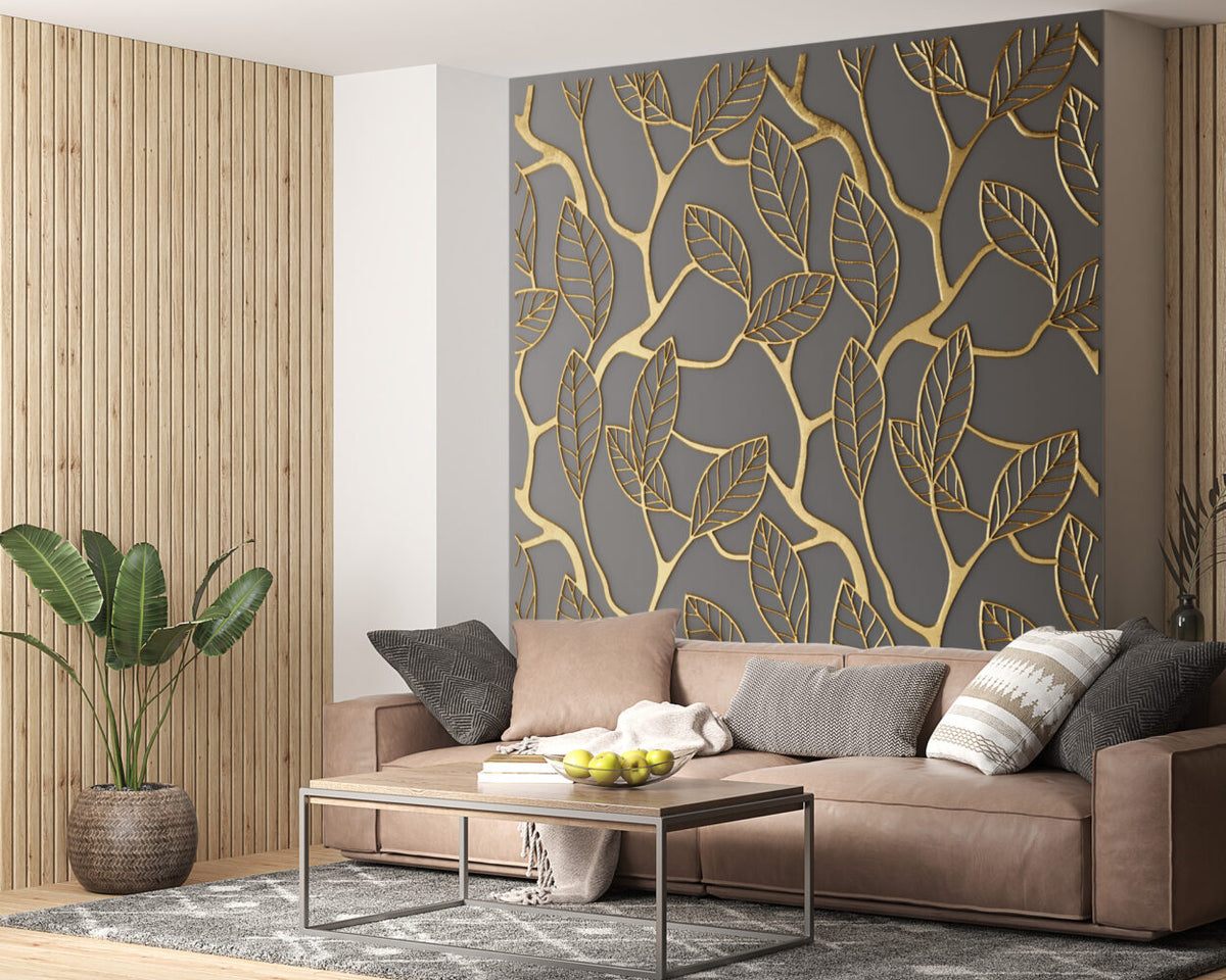 3D Gold Leaf Branch Wallpaper : Grey Relief Mural - View 2