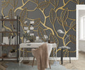 3D Gold Leaf Branch Wallpaper : Grey Relief Mural