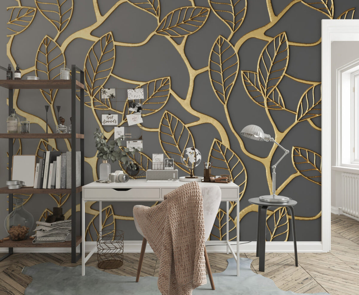 3D Gold Leaf Branch Wallpaper : Grey Relief Mural