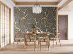 3D Gold Leaf Branch Wallpaper : Grey Relief Mural - View 3