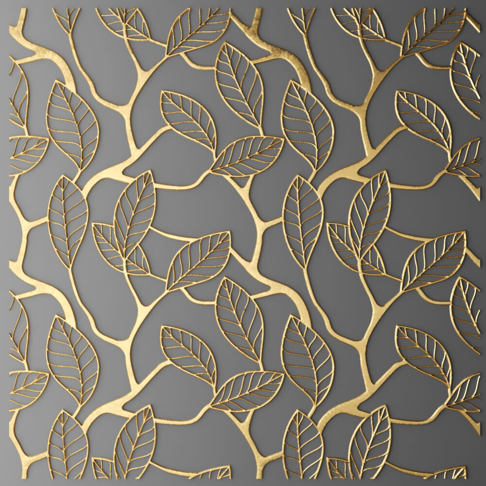 3D Gold Leaf Branch Wallpaper : Grey Relief Mural - flat design