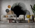 Abstract Moon Wallpaper : Black and Gold Circles on Concrete Mural