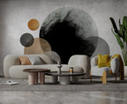 Abstract Moon Wallpaper : Black and Gold Circles on Concrete Mural