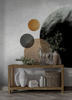 Abstract Moon Wallpaper : Black and Gold Circles on Concrete Mural - View 2