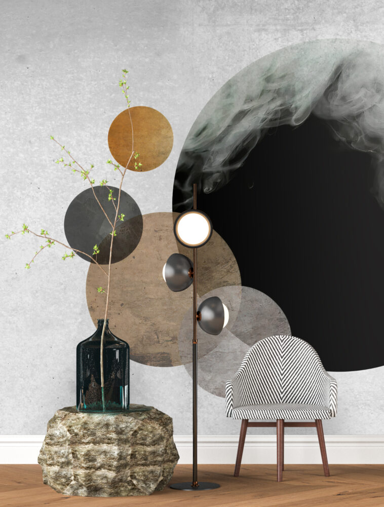 Abstract Moon Wallpaper : Black and Gold Circles on Concrete Mural - View 3