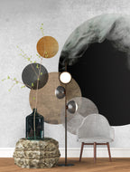 Abstract Moon Wallpaper : Black and Gold Circles on Concrete Mural - View 3