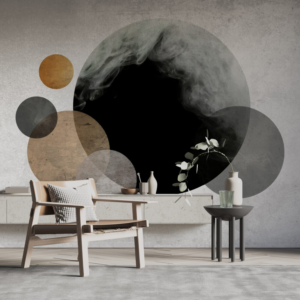 Abstract Moon Wallpaper : Black and Gold Circles on Concrete Mural - View 4