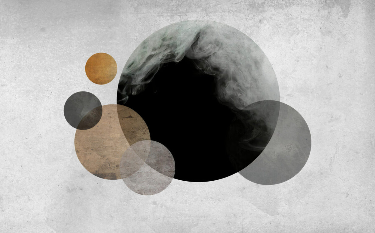 Abstract Moon Wallpaper : Black and Gold Circles on Concrete Mural - flat design