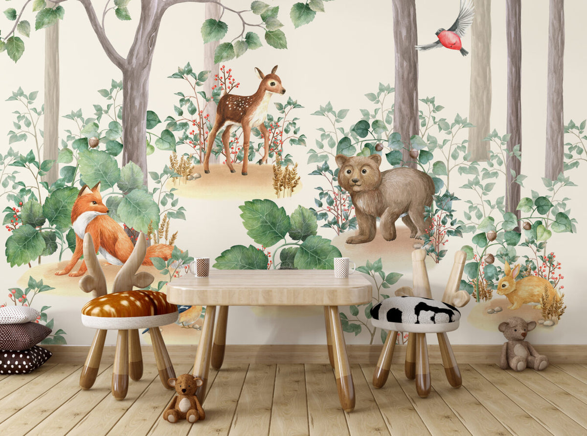 Woodland Fawn Wallpaper : Cute Forest Animals Kids Mural - View 2
