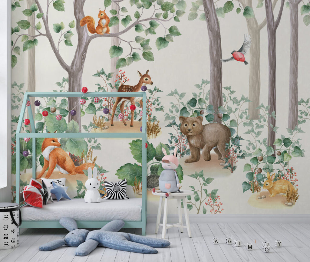 Woodland Fawn Wallpaper : Cute Forest Animals Kids Mural - View 3