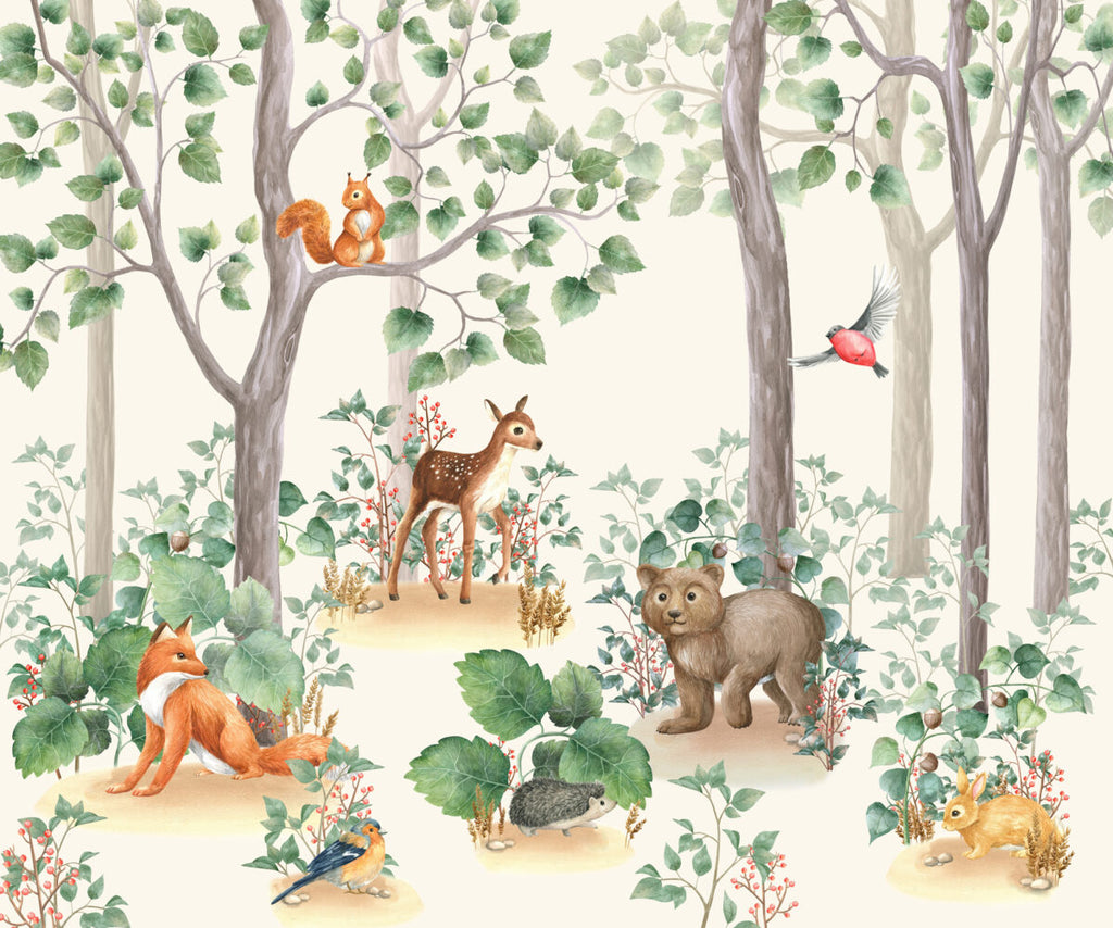 Woodland Fawn Wallpaper : Cute Forest Animals Kids Mural - flat design