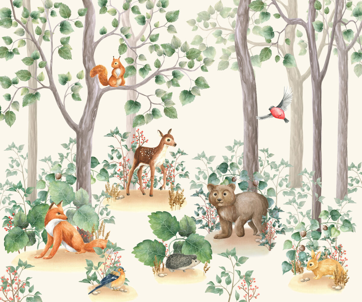 Woodland Fawn Wallpaper : Cute Forest Animals Kids Mural - flat design
