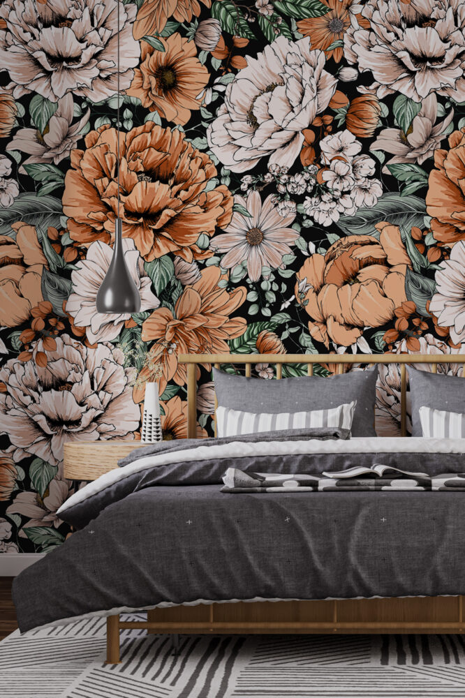 Peach Floral Wallpaper : Dark Vintage Roses Pattern - View 3