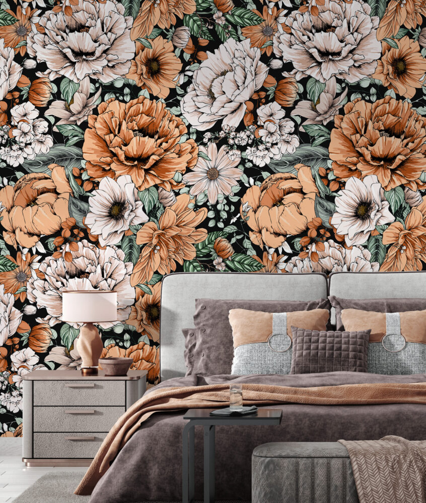 Peach Floral Wallpaper : Dark Vintage Roses Pattern - View 4