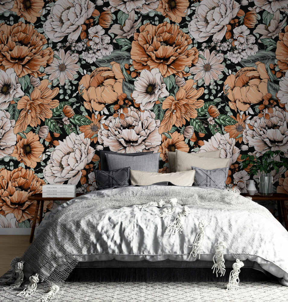 Peach Floral Wallpaper : Dark Vintage Roses Pattern - View 5