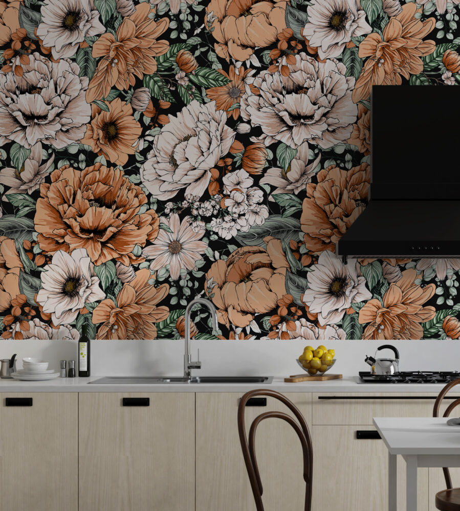 Peach Floral Wallpaper : Dark Vintage Roses Pattern