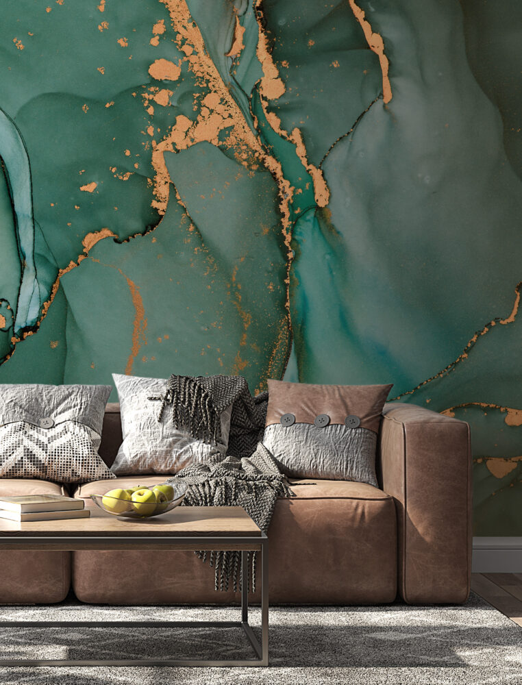 Green Gold Marble Wallpaper : Emerald Alcohol Ink Mural - View 4