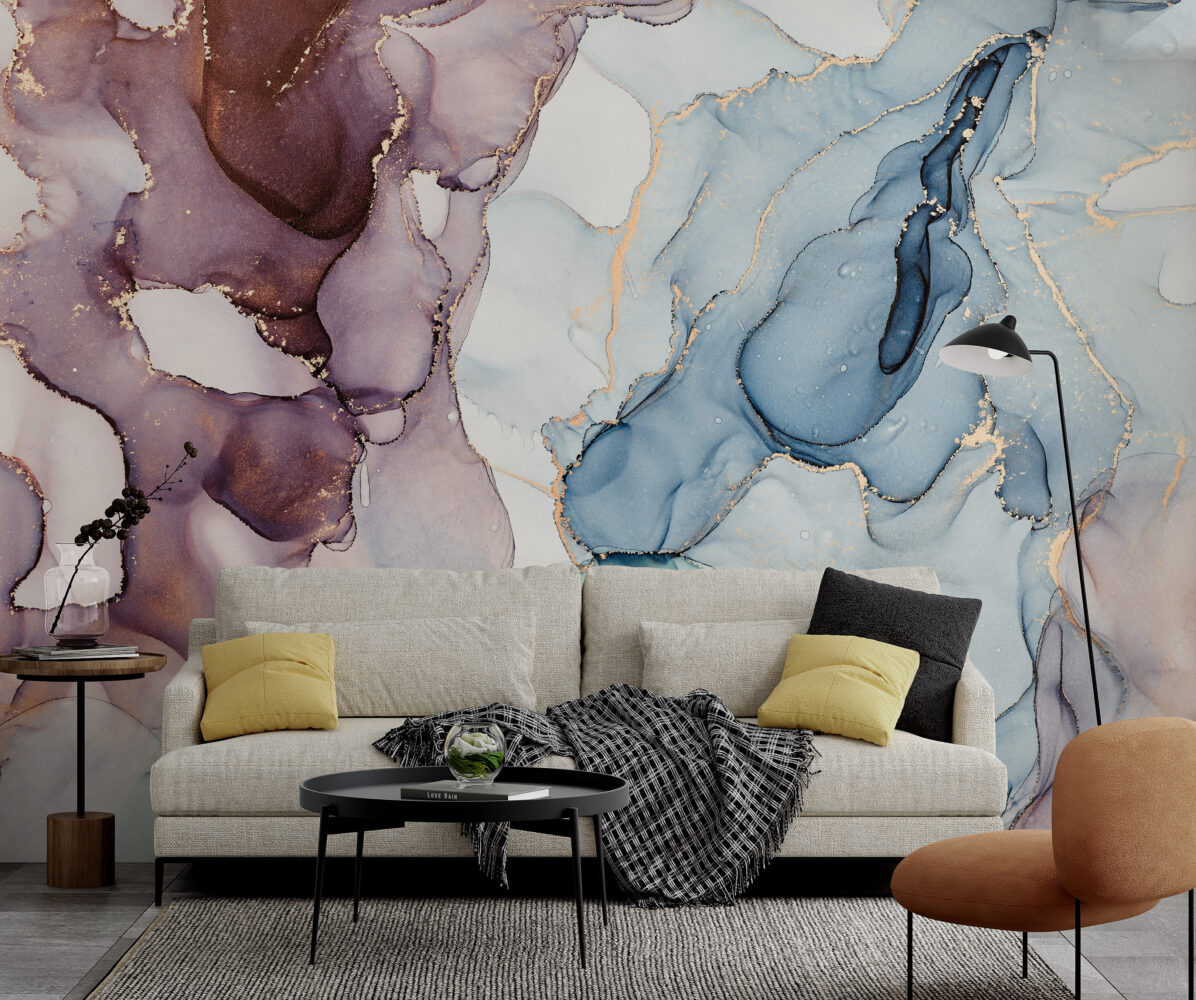 Burgundy and Blue Ink Wallpaper : Gold Vein Abstract Mural - View 2