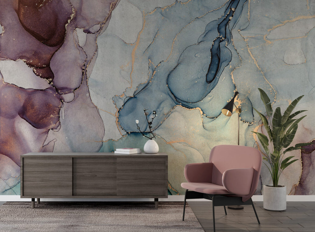 Burgundy and Blue Ink Wallpaper : Gold Vein Abstract Mural - View 3