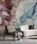 Burgundy and Blue Ink Wallpaper : Gold Vein Abstract Mural