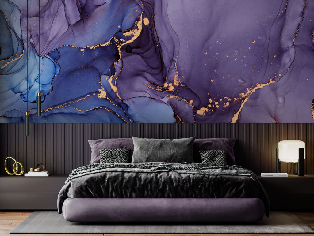 Purple Alcohol Ink Wallpaper : Blue and Violet Gold Marble Mural - View 2
