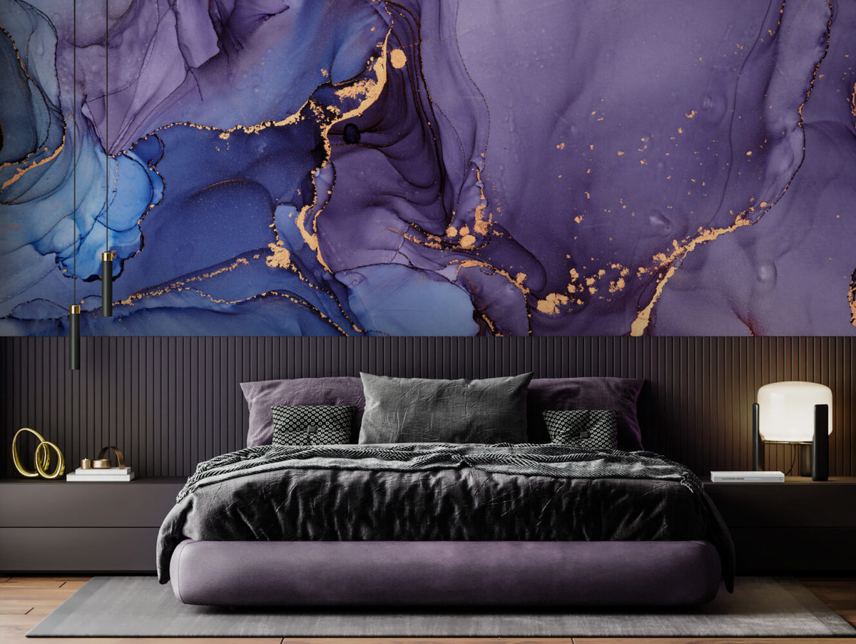 Purple Alcohol Ink Wallpaper : Blue and Violet Gold Marble Mural - View 2