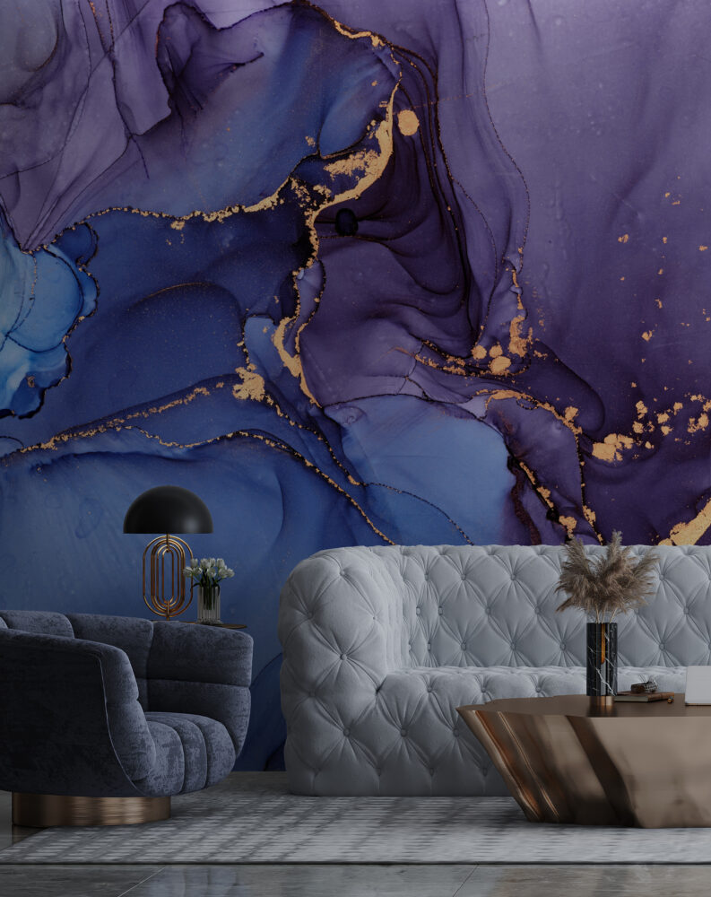 Purple Alcohol Ink Wallpaper : Blue and Violet Gold Marble Mural - View 3
