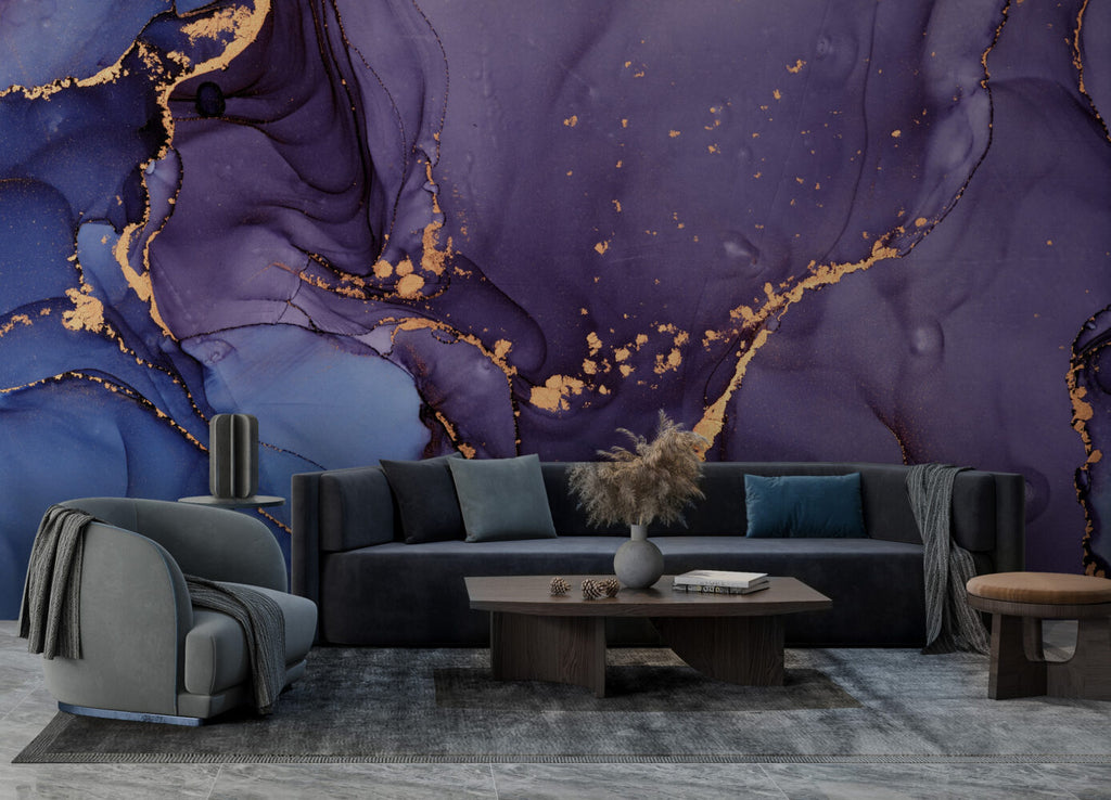 Purple Alcohol Ink Wallpaper : Blue and Violet Gold Marble Mural