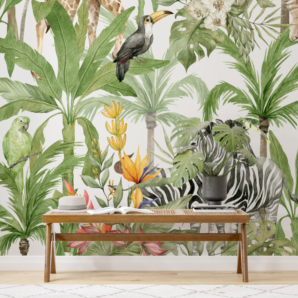 Jungle Safari Pattern Wallpaper : Giraffe, Tiger and Zebra Mural - View 3
