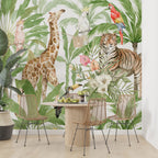 Jungle Safari Pattern Wallpaper : Giraffe, Tiger and Zebra Mural - View 4