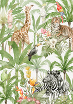 Jungle Safari Pattern Wallpaper : Giraffe, Tiger and Zebra Mural - flat design