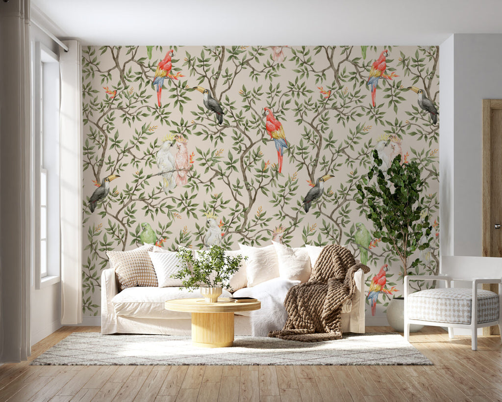Tropical Bird Branch Wallpaper : Parrots and Cockatoos Pattern Mural - View 2