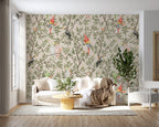 Tropical Bird Branch Wallpaper : Parrots and Cockatoos Pattern Mural - View 2