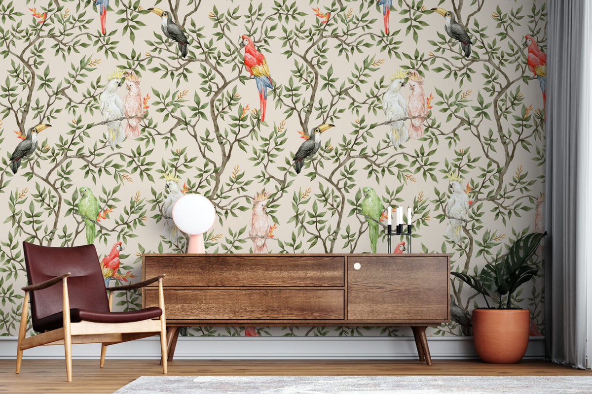 Tropical Bird Branch Wallpaper : Parrots and Cockatoos Pattern Mural - View 3