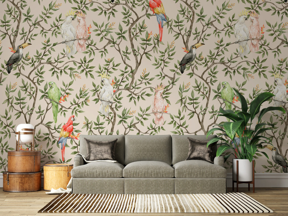 Tropical Bird Branch Wallpaper : Parrots and Cockatoos Pattern Mural - View 4