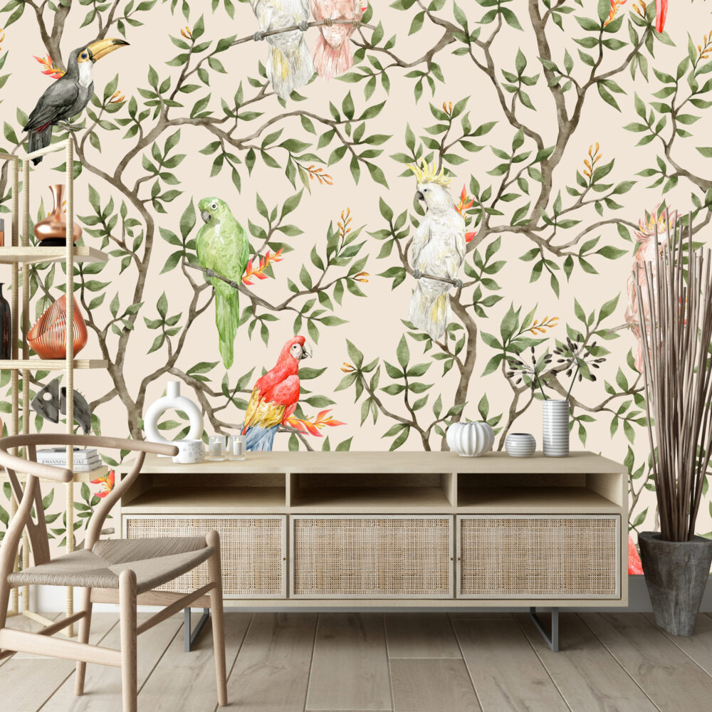 Tropical Bird Branch Wallpaper : Parrots and Cockatoos Pattern Mural