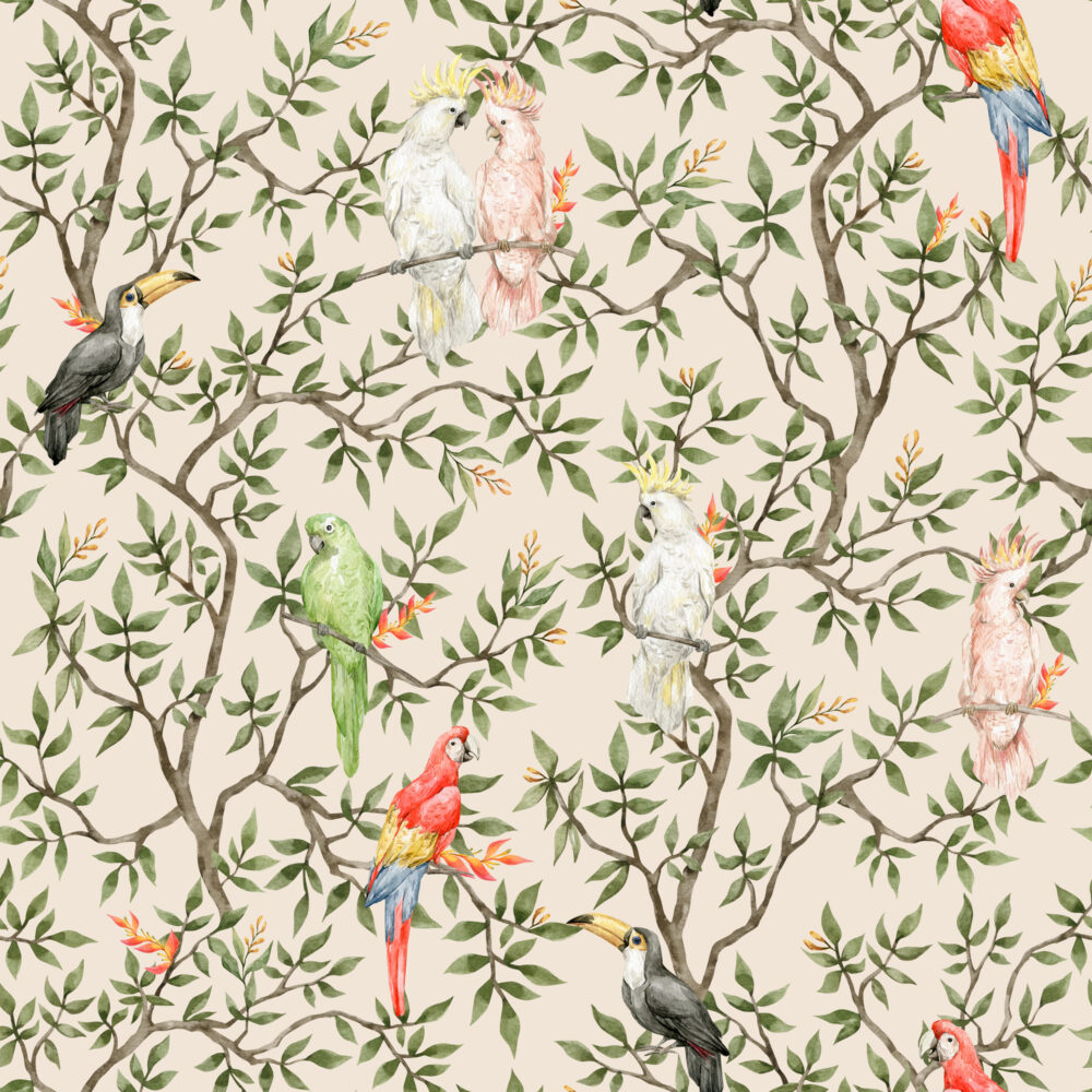 Tropical Bird Branch Wallpaper : Parrots and Cockatoos Pattern Mural - flat design