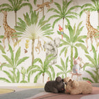 Safari Palms Wallpaper : Giraffe, Elephant and Monkey Pattern Mural
